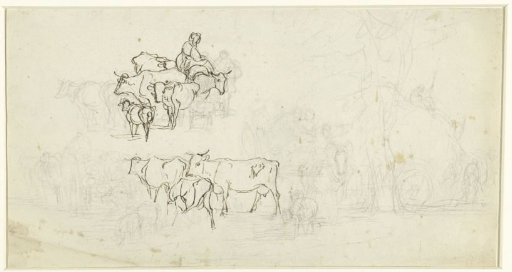 Studies of groups of cattle, a farmer's cart and a hay wagon