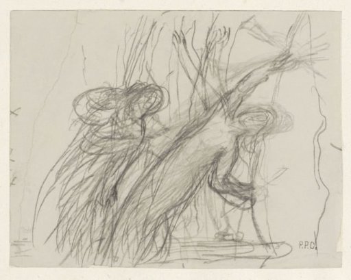 Sketch of two female figures, one falling backward with raised arms