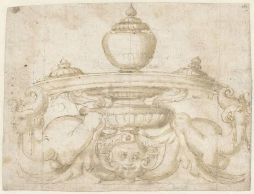 Vase motif supported by two nymph-like figures