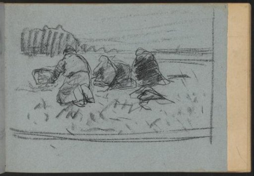 Kneeling figures in the countryside