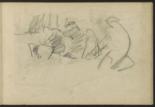Kneeling figures in the countryside