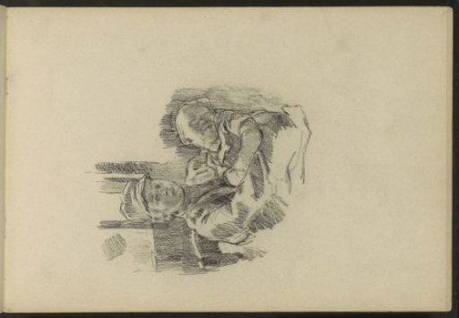Seated boy with a sleeping child on his lap