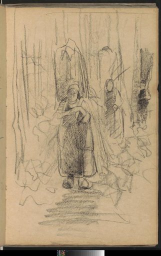 Three women with bundles of branches on a forest path