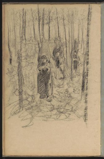 Three Women with Bunches of Branches on a Forest Path