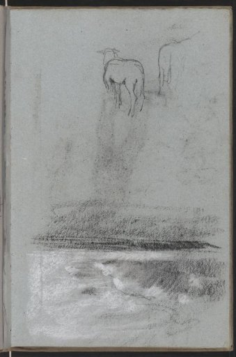 Two sheep and a landscape with a cloudy sky