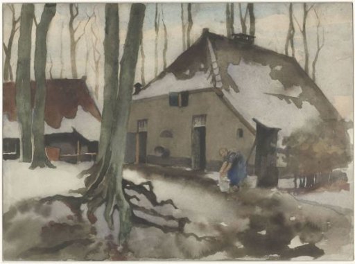 Woman before a house in a snow-covered forest