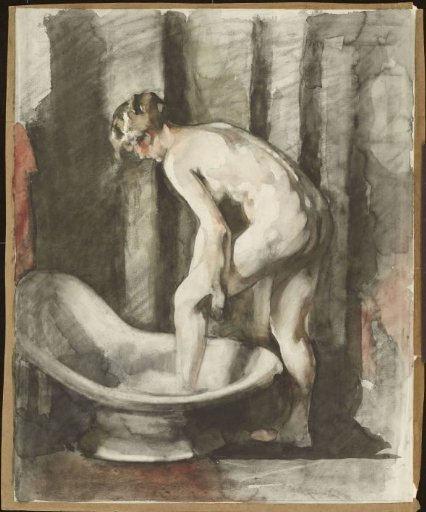 Nude woman, stepping into a bath
