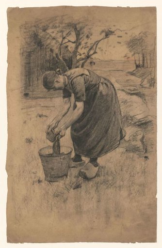 Woman washing laundry in a bucket, in front of a farmhouse
