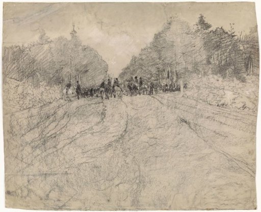 Group of riders gathering on a wide forest path