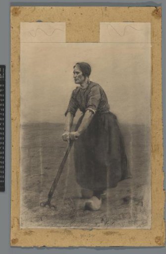 Peasant woman standing leaning on a rake