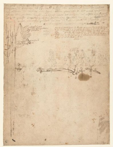 Sketches of weapons and a group of Chinese people