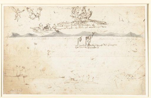 Sketches of a landscape and figures in boats