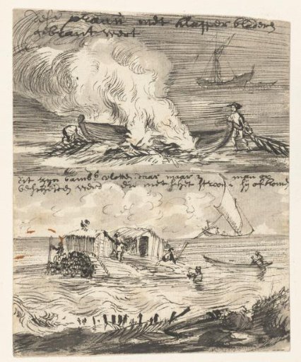 Sketches of a prauw and two bamboo rafts