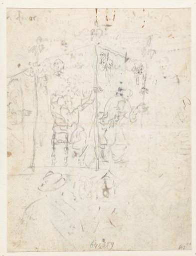 Sketch of persons in a hut