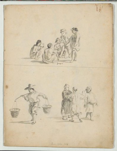 Study sheet with boys, men in conversation, and a man with a yoke