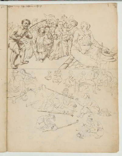 Europeans looking at an Indonesian man and pipe-smoking figures