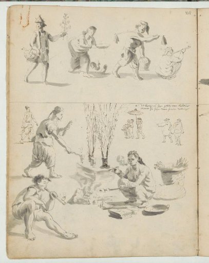 Study sheet with pipe smokers, figures with baskets, and fireworks
