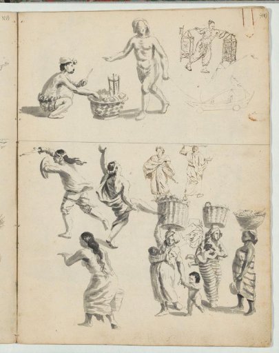 Study sheet with porters, dancers, and women carrying baskets on their heads