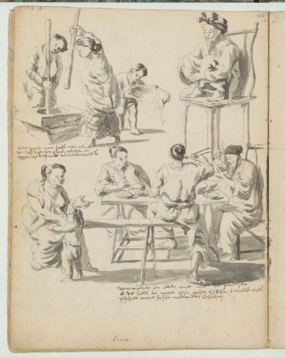 Three figures processing rice and a Chinese dining scene