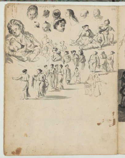 Study sheet with women, hairstyles, and mothers with children
