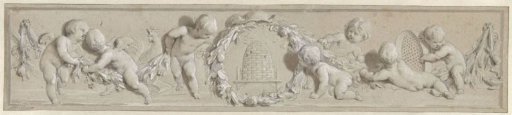 Frieze of putti with floral wreaths grouped around a beehive