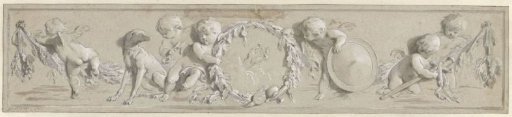 Frieze of putti with floral wreaths grouped around a hand holding a ring