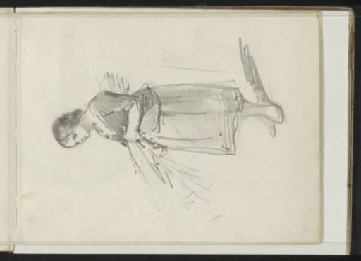 Girl with a bundle of ears of corn or twigs under her arm