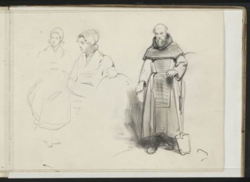 Monk with a shovel and a woman with a hood