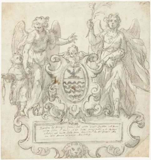 Title page for a collection album with a coat of arms flanked by two angels
