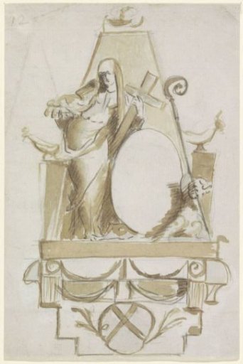 Tomb monument with a woman holding a cross and a medallion