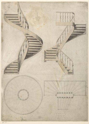 Design for two spiral staircases with ground plans