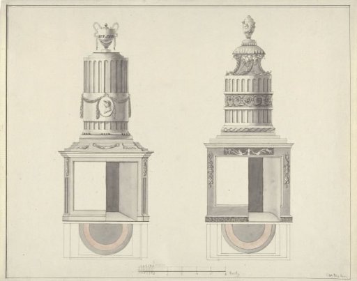 Two Designs of Stoves, with a Foot Measure