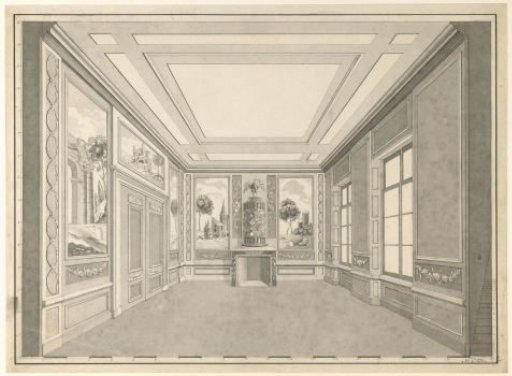 Design for an interior with wall paintings and a fireplace