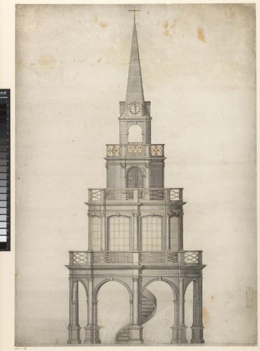 Design for a building with three storeys and a spire