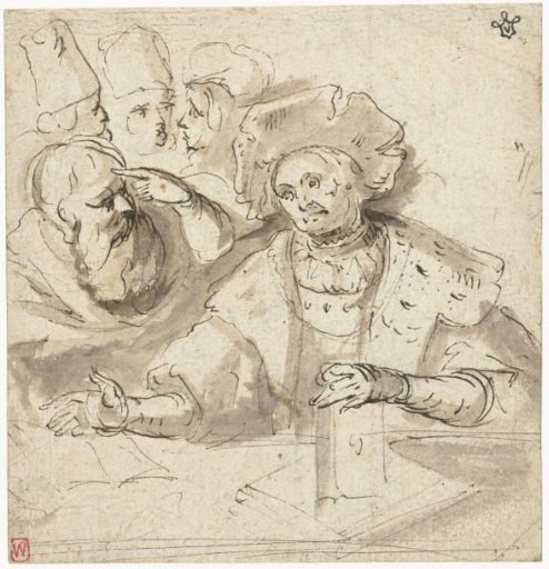 Group of philosophers or scribes at a table with books