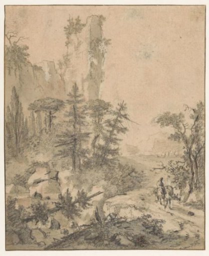 Mountain Path with Man with Two Mules