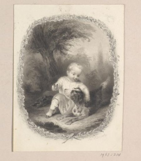 Child with a butterfly and a dog under a tree