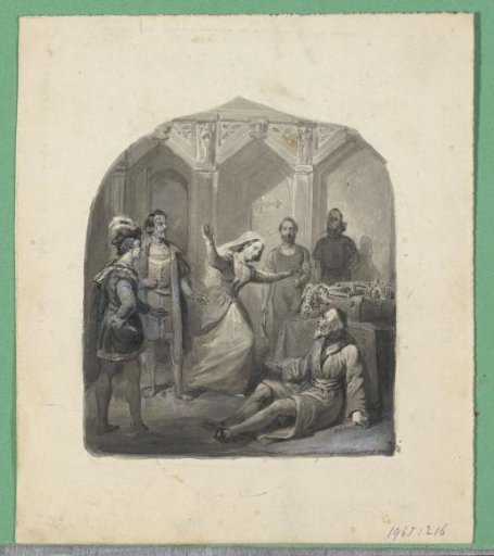 Group of historical figures in an interior with a machine