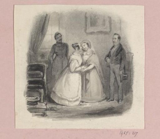 Two women greeting each other in a living room with two onlooking men