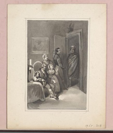 Family in an interior with a visitor in the doorway