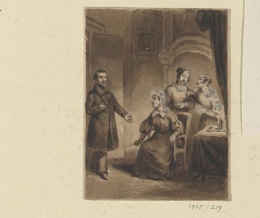 Three women in an interior with a man entering