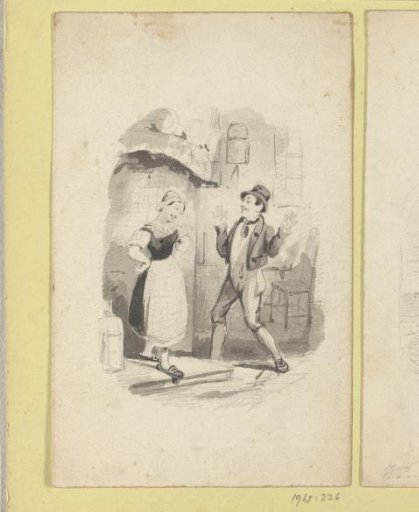 Young woman and man with raised arms in an interior