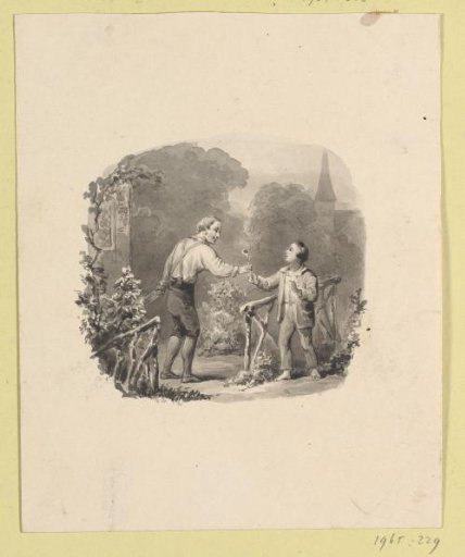 Boy receiving a flower from a gardening man