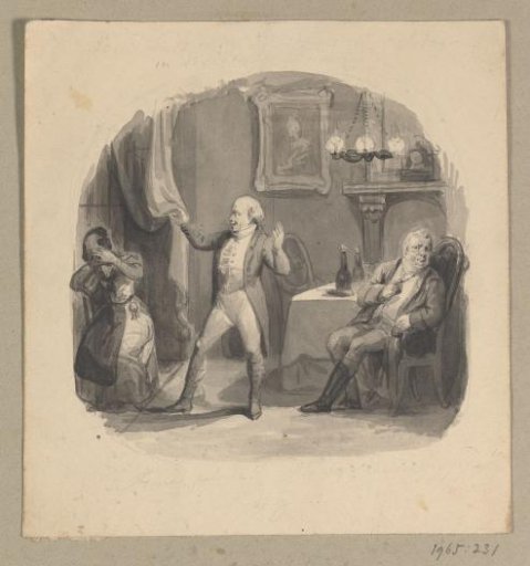 Woman eavesdropping behind a curtain caught by two men