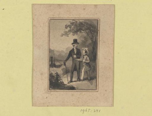 Two walkers by a body of water with a steamship