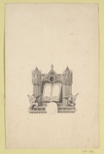 Altar with an open Bible and two harp-playing angels