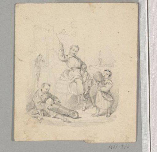 Three boys playing horse with a saddle and boots