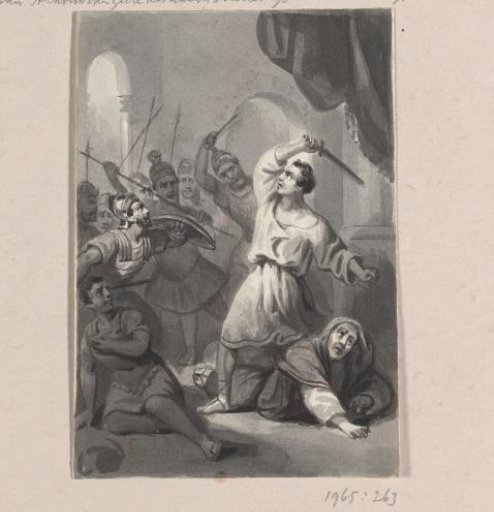 Man with raised sword attacked by soldiers