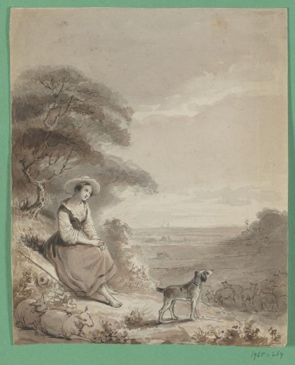 Shepherdess looking out over a landscape with a flock of sheep