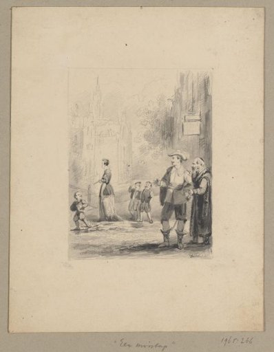 Boy soiling a woman's skirt by stepping into a puddle